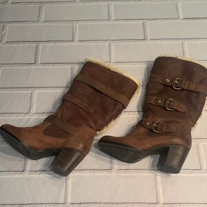 Gianni Bini Brown Heeled Boots with Buckle Accents